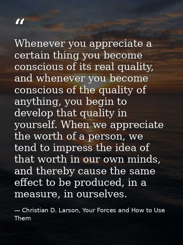 Whenever you appreciate a certain thing you become conscious of its real quality, and whenever you become conscious of t — Christian D. Larson, Your Forces and How to Use Them