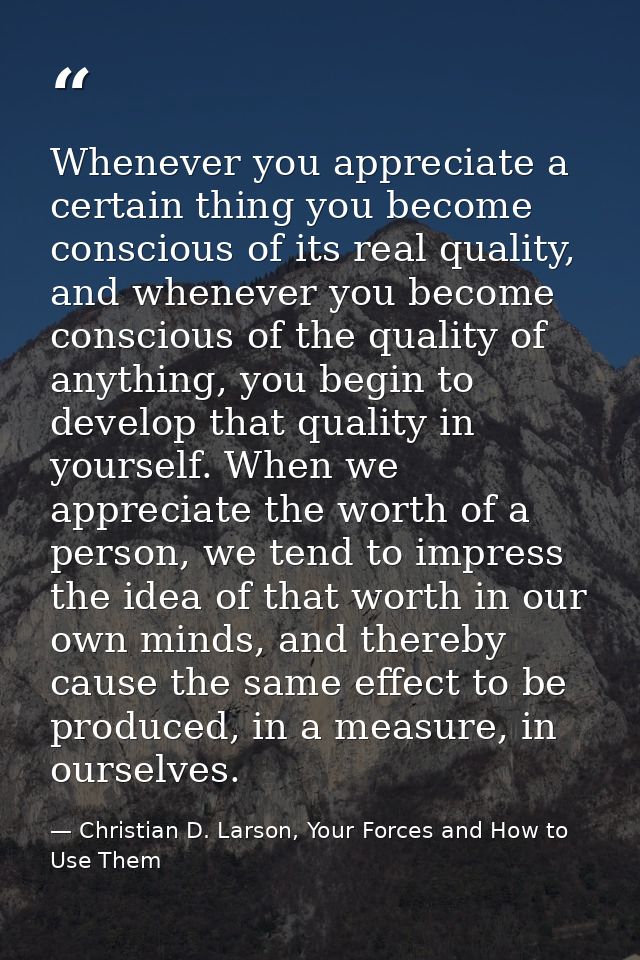 Whenever you appreciate a certain thing you become conscious of its real quality, and whenever you become conscious of t — Christian D. Larson, Your Forces and How to Use Them