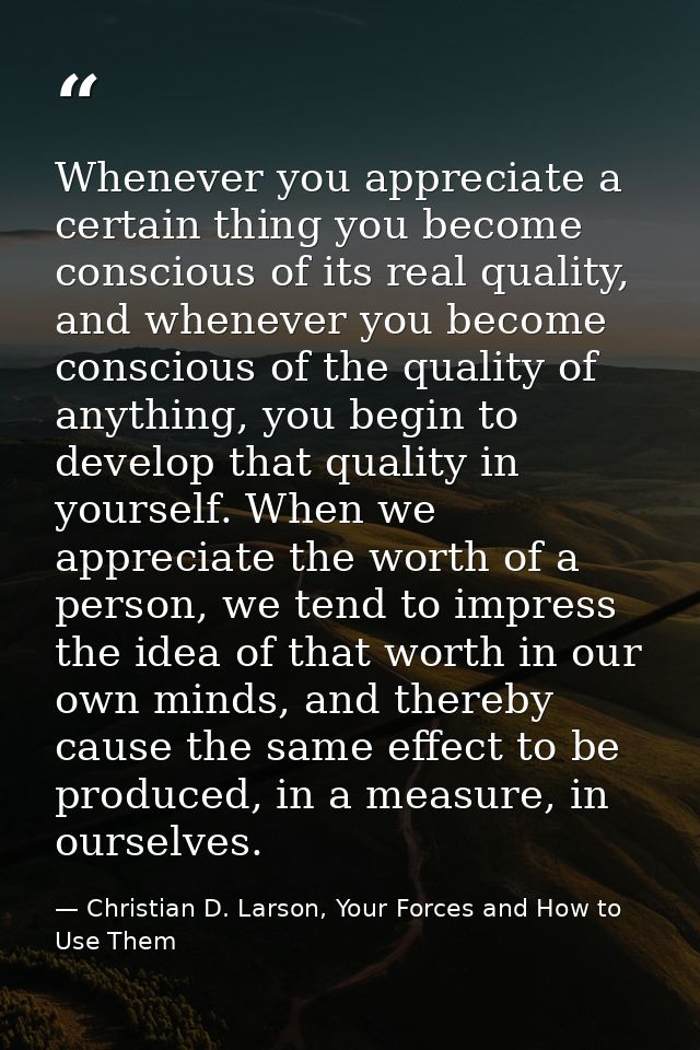 Whenever you appreciate a certain thing you become conscious of its real quality, and whenever you become conscious of t — Christian D. Larson, Your Forces and How to Use Them