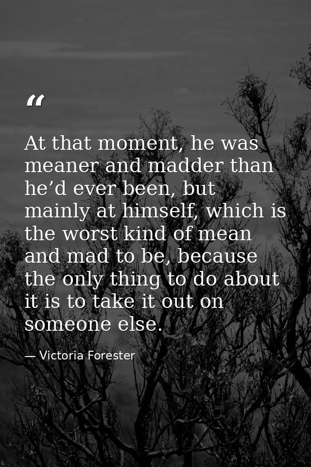 At that moment, he was meaner and madder than he’d ever been, but mainly at himself, which is the worst kind of mean and — Victoria Forester