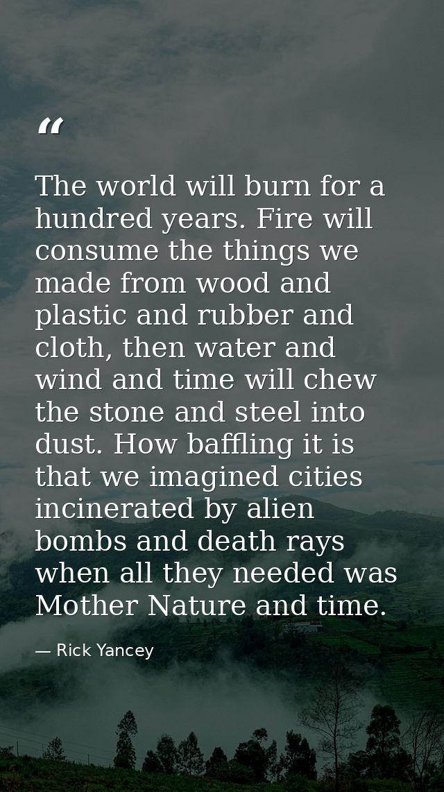 The world will burn for a hundred years. Fire will consume the things we made from wood and plastic and rubber and cloth — Rick Yancey