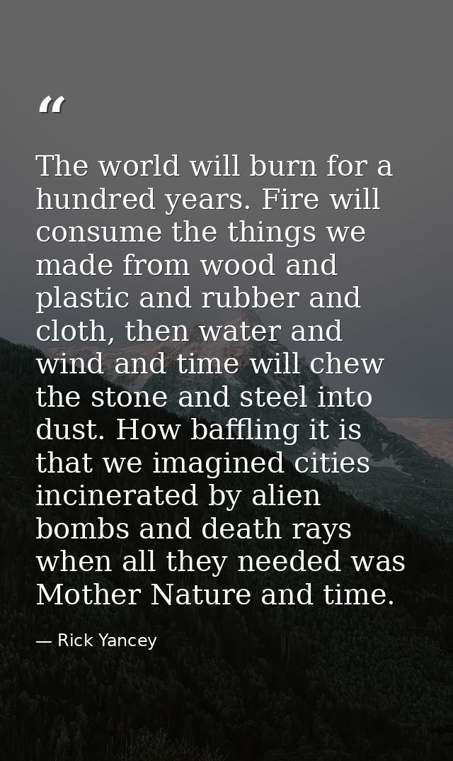 The world will burn for a hundred years. Fire will consume the things we made from wood and plastic and rubber and cloth — Rick Yancey