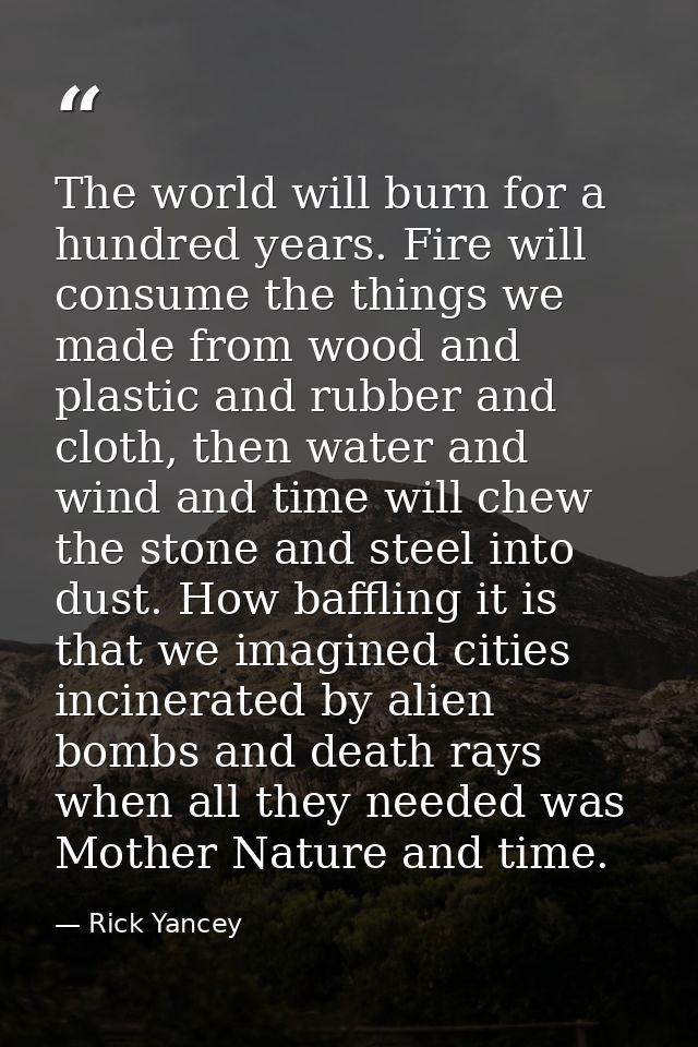 The world will burn for a hundred years. Fire will consume the things we made from wood and plastic and rubber and cloth — Rick Yancey