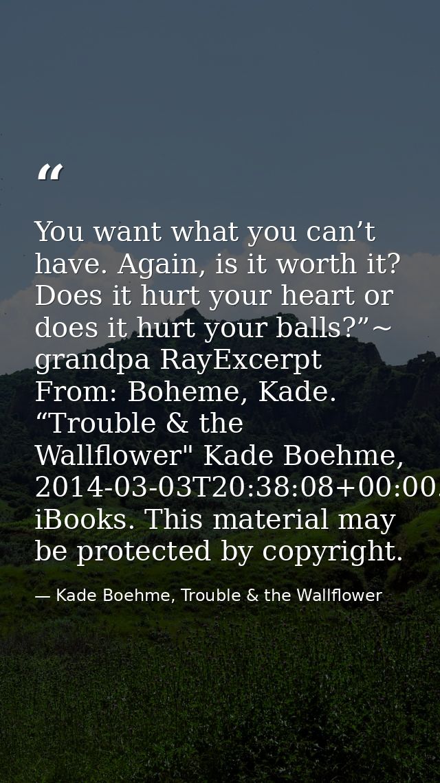 You want what you can’t have. Again, is it worth it? Does it hurt your heart or does it hurt your balls?”~ grandpa RayEx — Kade Boehme, Trouble & the Wallflower