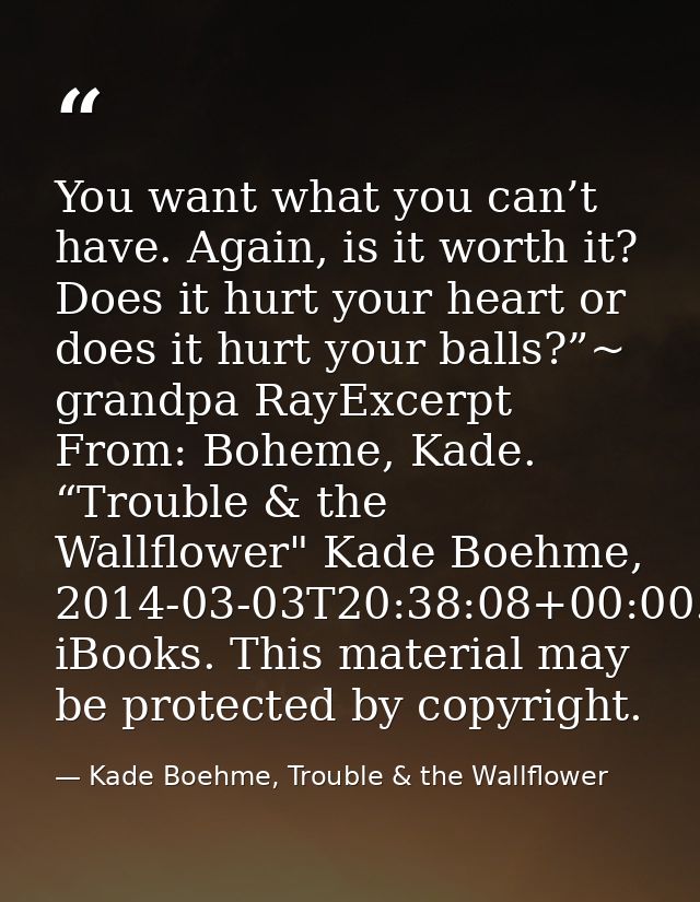 You want what you can’t have. Again, is it worth it? Does it hurt your heart or does it hurt your balls?”~ grandpa RayEx — Kade Boehme, Trouble & the Wallflower