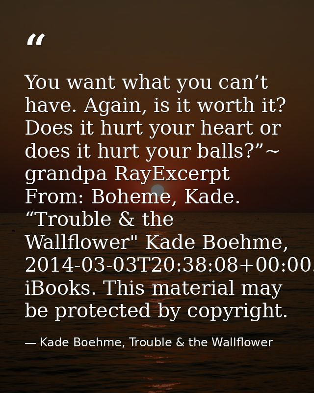 You want what you can’t have. Again, is it worth it? Does it hurt your heart or does it hurt your balls?”~ grandpa RayEx — Kade Boehme, Trouble & the Wallflower