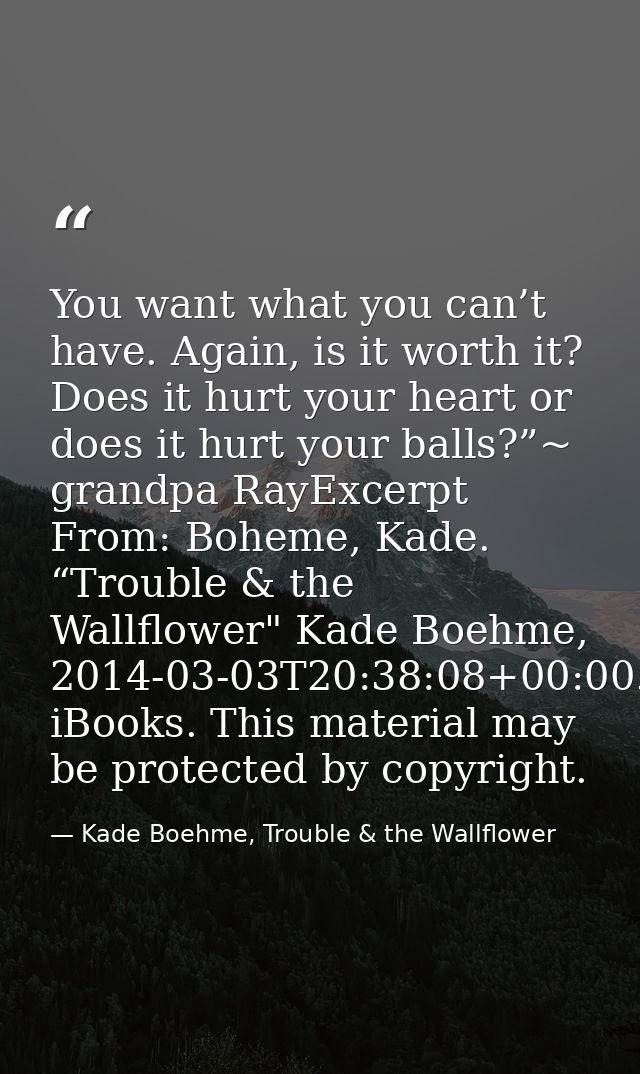You want what you can’t have. Again, is it worth it? Does it hurt your heart or does it hurt your balls?”~ grandpa RayEx — Kade Boehme, Trouble & the Wallflower