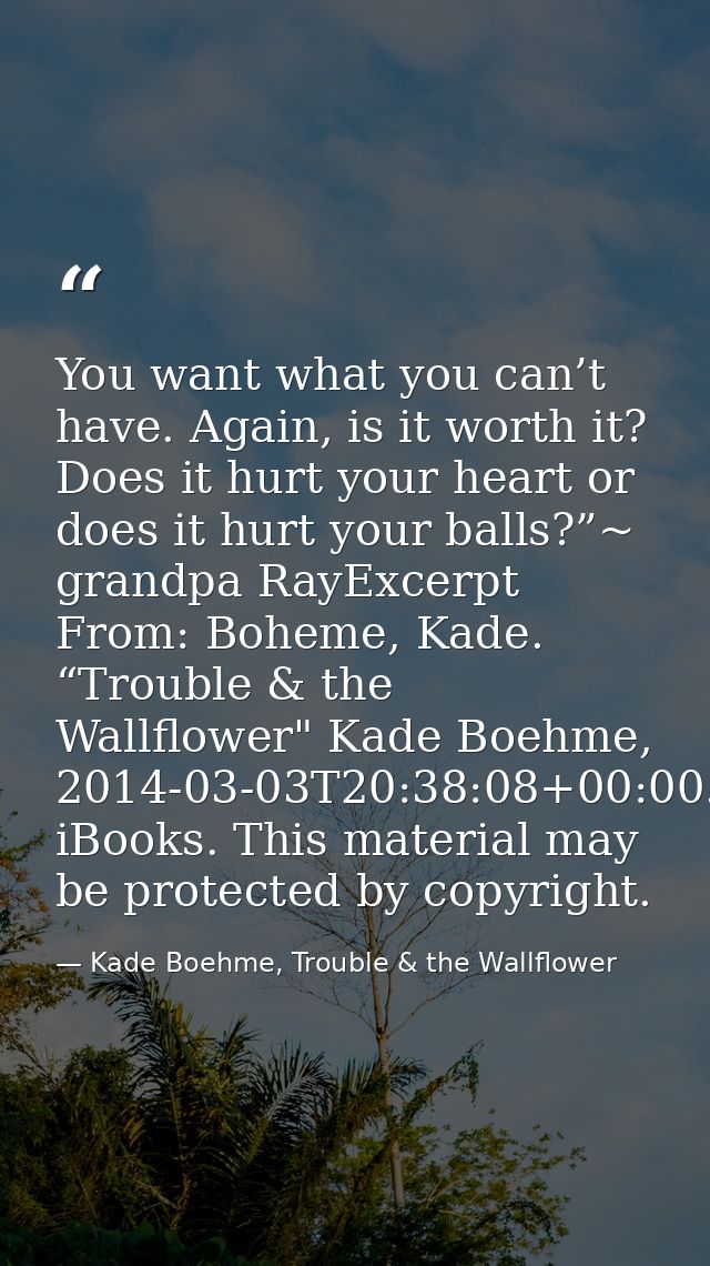 You want what you can’t have. Again, is it worth it? Does it hurt your heart or does it hurt your balls?”~ grandpa RayEx — Kade Boehme, Trouble & the Wallflower