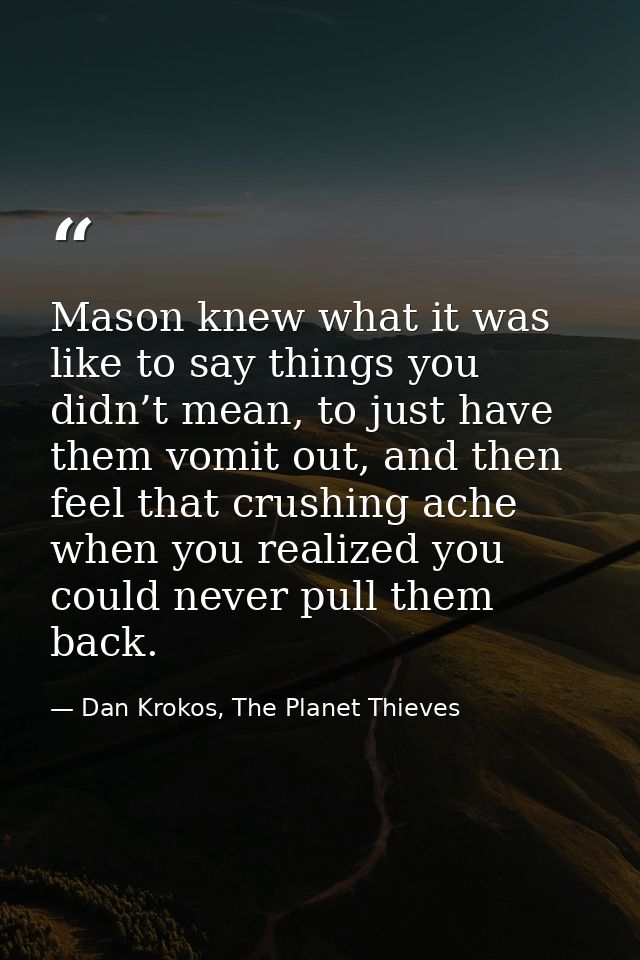 Mason knew what it was like to say things you didn’t mean, to just have them vomit out, and then feel that crushing ache — Dan Krokos, The Planet Thieves