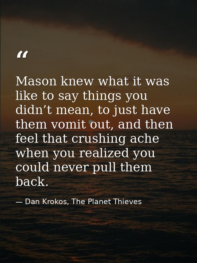 Mason knew what it was like to say things you didn’t mean, to just have them vomit out, and then feel that crushing ache — Dan Krokos, The Planet Thieves