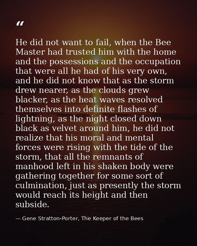 He did not want to fail, when the Bee Master had trusted him with the home and the possessions and the occupation that w — Gene Stratton-Porter, The Keeper of the Bees