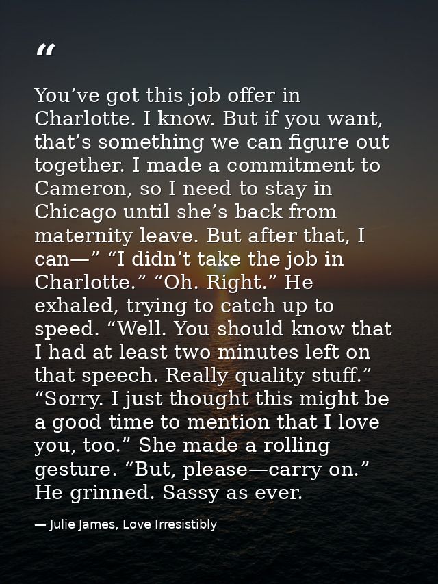 You’ve got this job offer in Charlotte. I know. But if you want, that’s something we can figure out together. I made a c — Julie James, Love Irresistibly