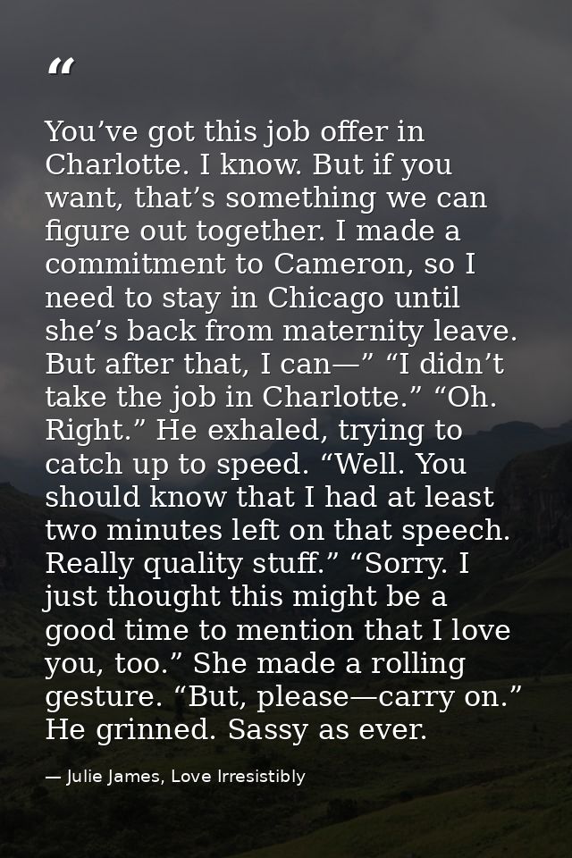 You’ve got this job offer in Charlotte. I know. But if you want, that’s something we can figure out together. I made a c — Julie James, Love Irresistibly
