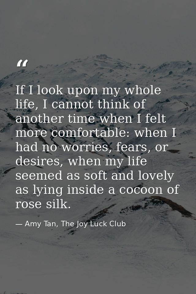 If I look upon my whole life, I cannot think of another time when I felt more comfortable: when I had no worries, fears, — Amy Tan, The Joy Luck Club