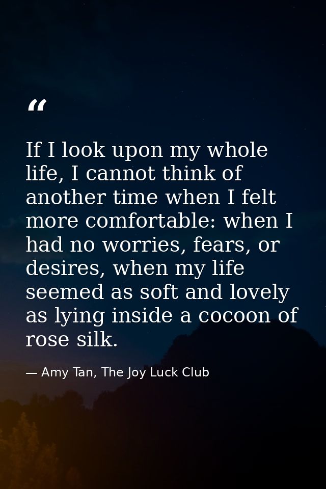 If I look upon my whole life, I cannot think of another time when I felt more comfortable: when I had no worries, fears, — Amy Tan, The Joy Luck Club