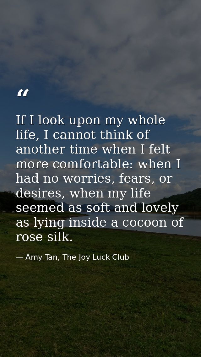 If I look upon my whole life, I cannot think of another time when I felt more comfortable: when I had no worries, fears, — Amy Tan, The Joy Luck Club