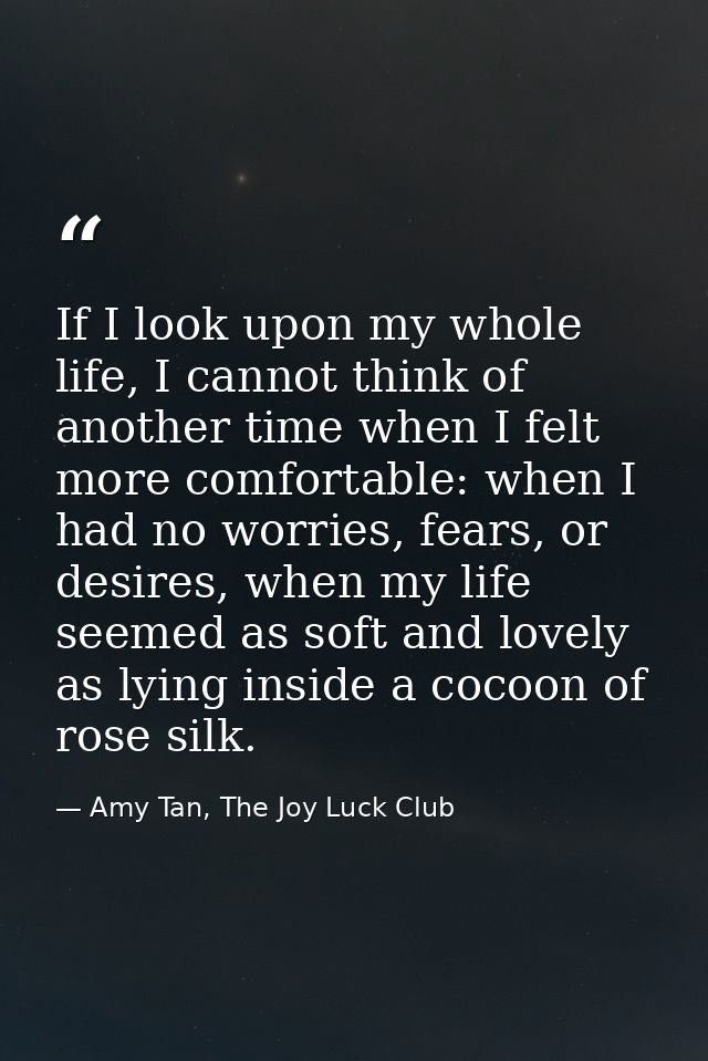 If I look upon my whole life, I cannot think of another time when I felt more comfortable: when I had no worries, fears, — Amy Tan, The Joy Luck Club