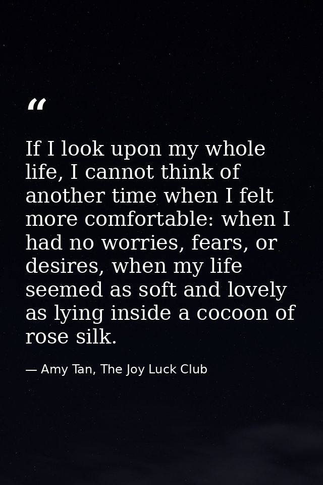 If I look upon my whole life, I cannot think of another time when I felt more comfortable: when I had no worries, fears, — Amy Tan, The Joy Luck Club