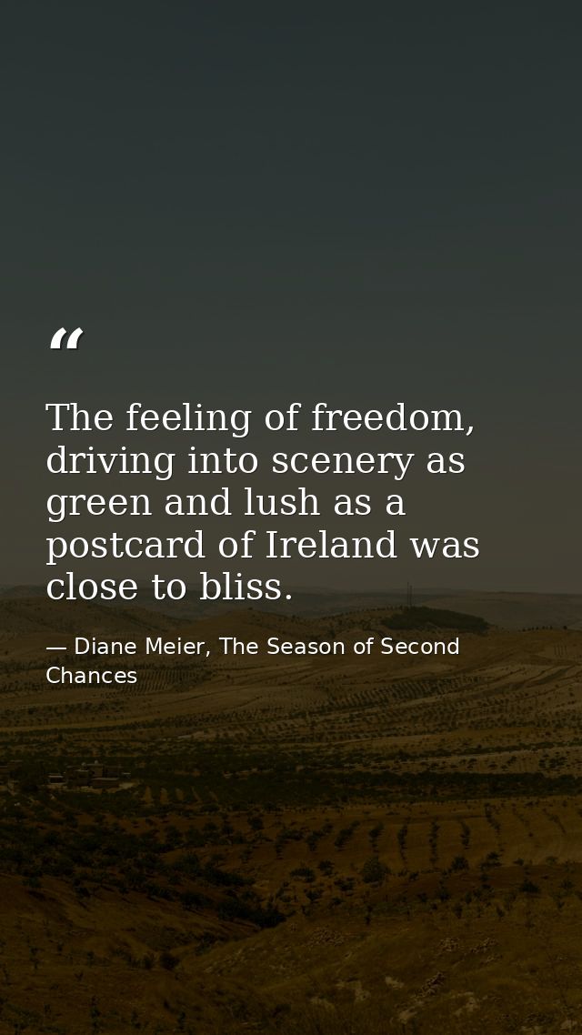 The feeling of freedom, driving into scenery as green and lush as a postcard of Ireland was close to bliss. — Diane Meier, The Season of Second Chances