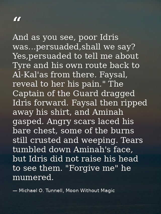 And as you see, poor Idris was...persuaded,shall we say? Yes,persuaded to tell me about Tyre and his own route back to A — Michael O. Tunnell, Moon Without Magic