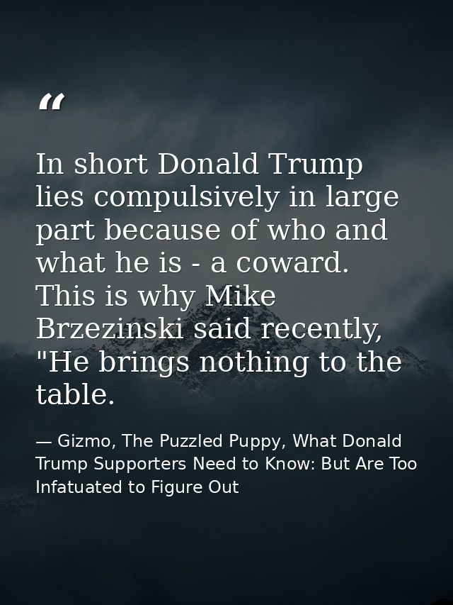 In short Donald Trump lies compulsively in large part because of who and what he is - a coward. This is why Mike Brzezin — Gizmo, The Puzzled Puppy, What Donald Trump Supporters Need to Know: But Are Too Infatuated to Figure Out