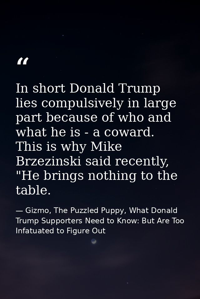 In short Donald Trump lies compulsively in large part because of who and what he is - a coward. This is why Mike Brzezin — Gizmo, The Puzzled Puppy, What Donald Trump Supporters Need to Know: But Are Too Infatuated to Figure Out