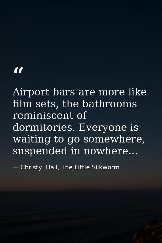 Airport bars are more like film sets, the bathrooms reminiscent of dormitories. Everyone is waiting to go somewhere, sus — Christy  Hall, The Little Silkworm