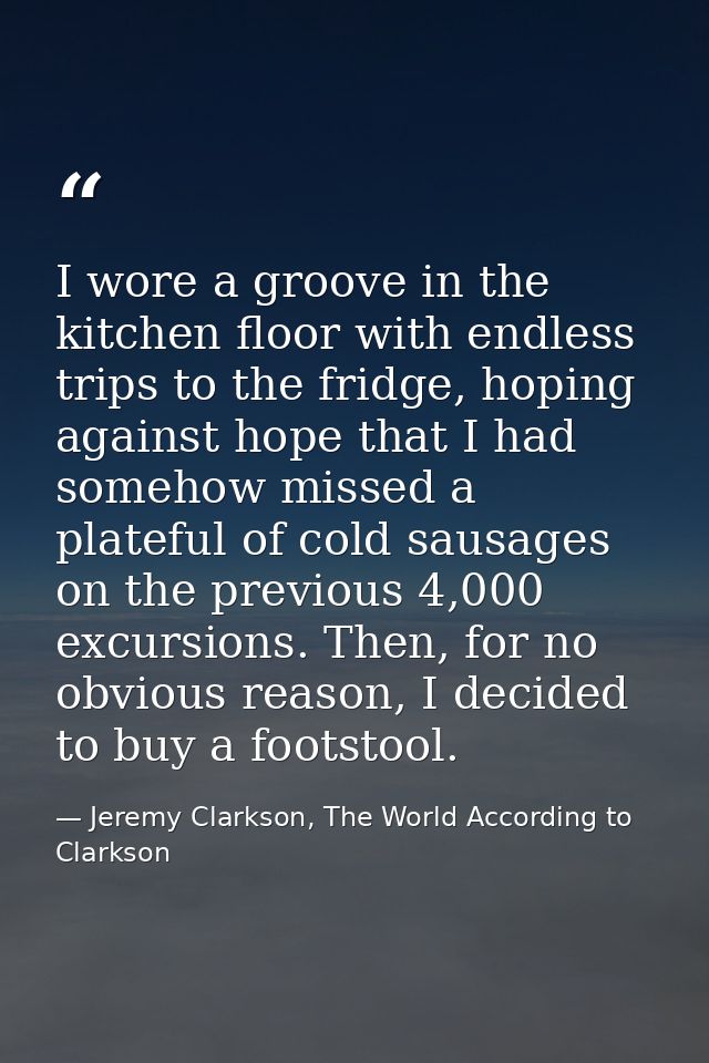 I wore a groove in the kitchen floor with endless trips to the fridge, hoping against hope that I had somehow missed a p — Jeremy Clarkson, The World According to Clarkson