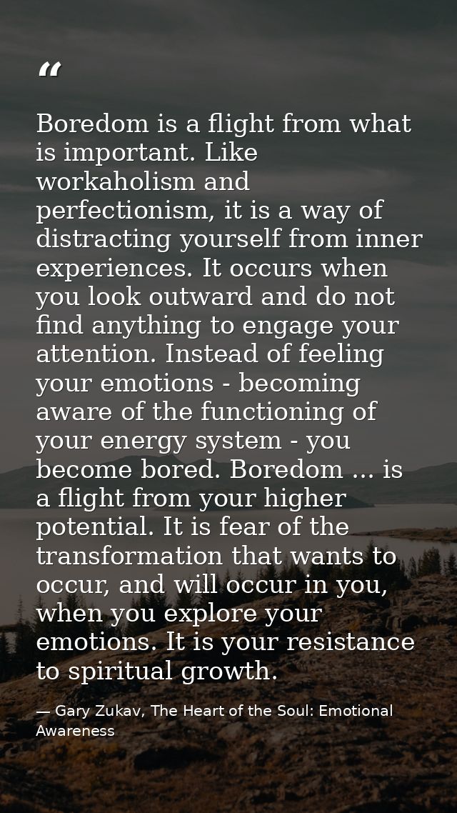 Boredom is a flight from what is important. Like workaholism and perfectionism, it is a way of distracting yourself from — Gary Zukav, The Heart of the Soul: Emotional Awareness