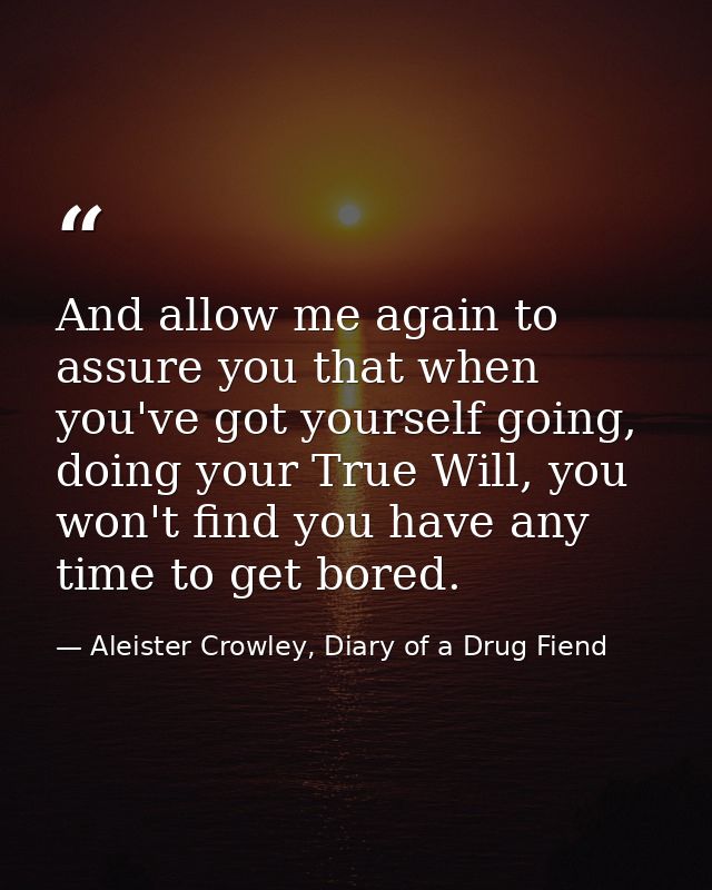 And allow me again to assure you that when you've got yourself going, doing your True Will, you won't find you have any  — Aleister Crowley, Diary of a Drug Fiend