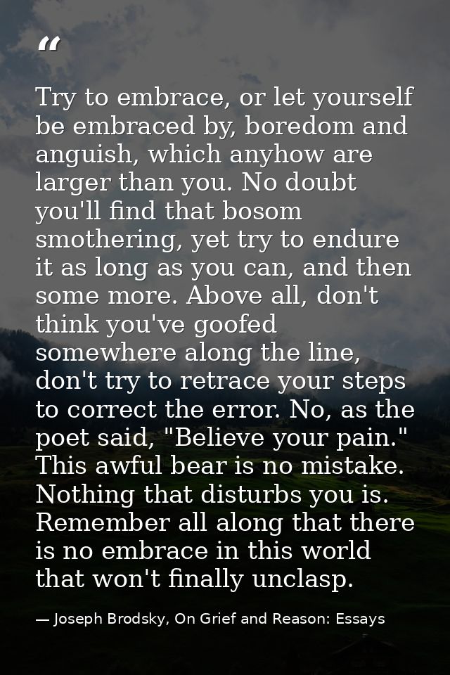 Try to embrace, or let yourself be embraced by, boredom and anguish, which anyhow are larger than you. No doubt you'll f — Joseph Brodsky, On Grief and Reason: Essays