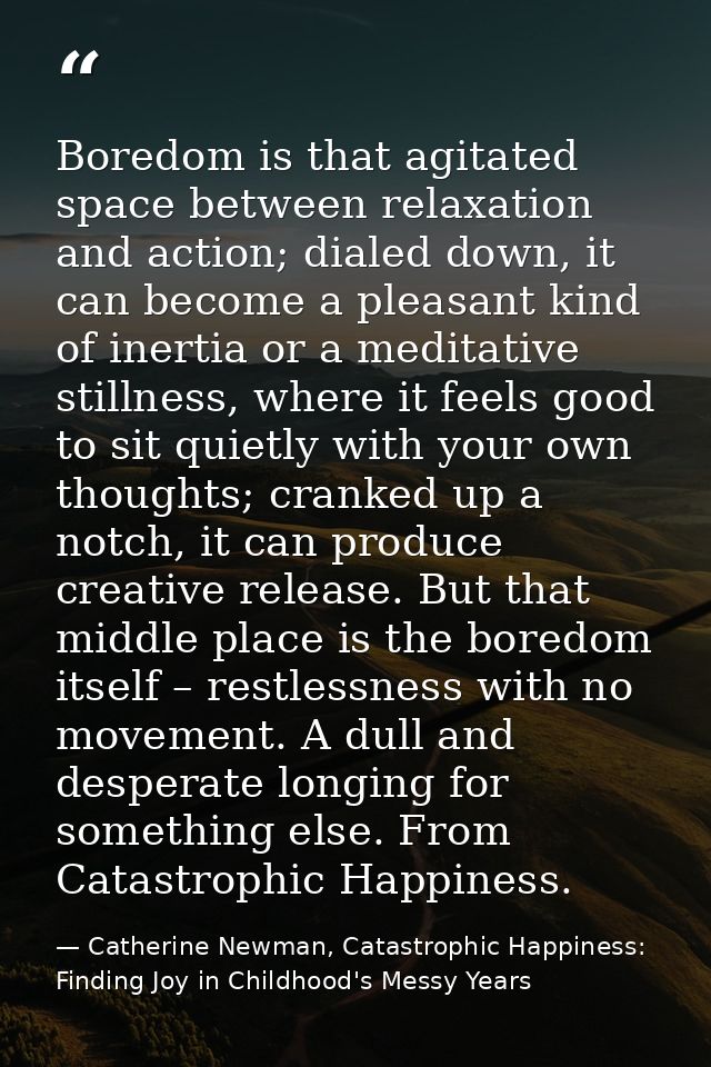 Boredom is that agitated space between relaxation and action; dialed down, it can become a pleasant kind of inertia or a — Catherine Newman, Catastrophic Happiness: Finding Joy in Childhood's Messy Years