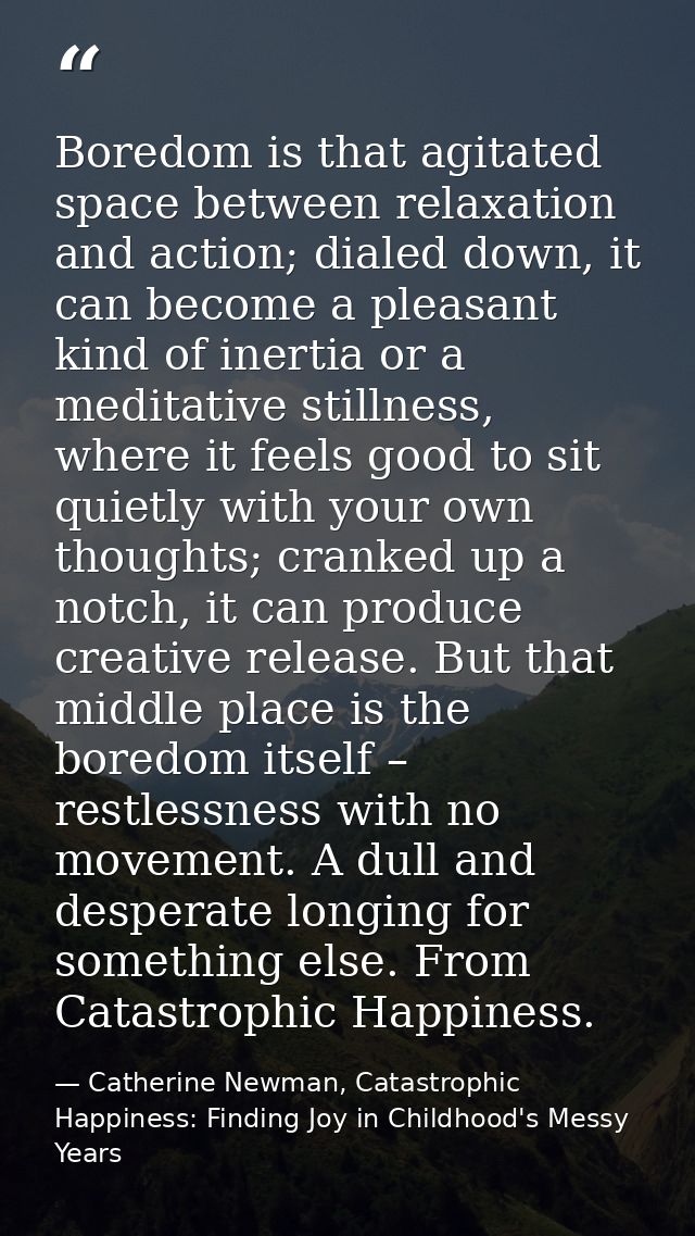 Boredom is that agitated space between relaxation and action; dialed down, it can become a pleasant kind of inertia or a — Catherine Newman, Catastrophic Happiness: Finding Joy in Childhood's Messy Years