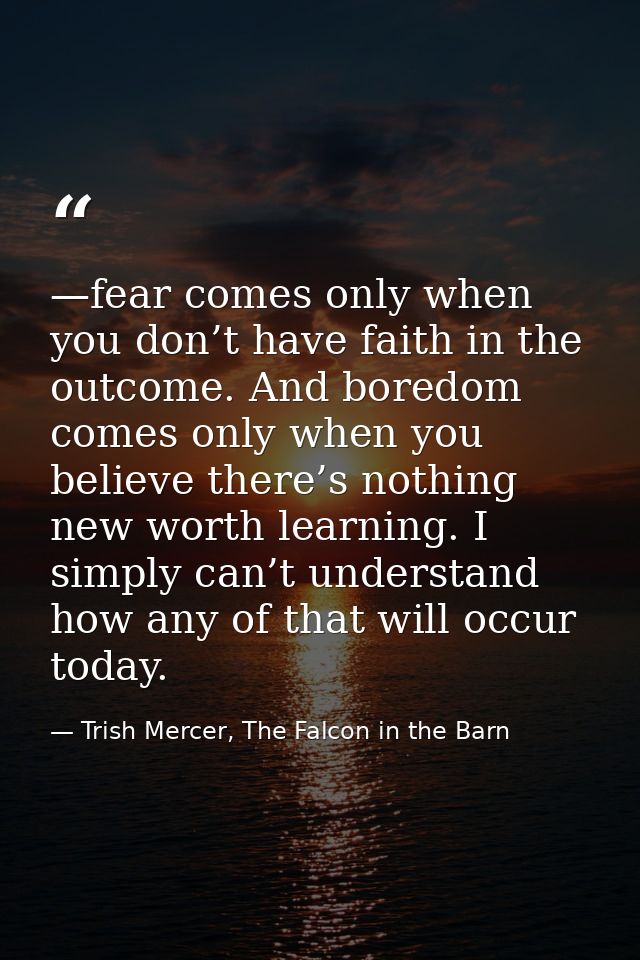 —fear comes only when you don’t have faith in the outcome. And boredom comes only when you believe there’s nothing new w — Trish Mercer, The Falcon in the Barn