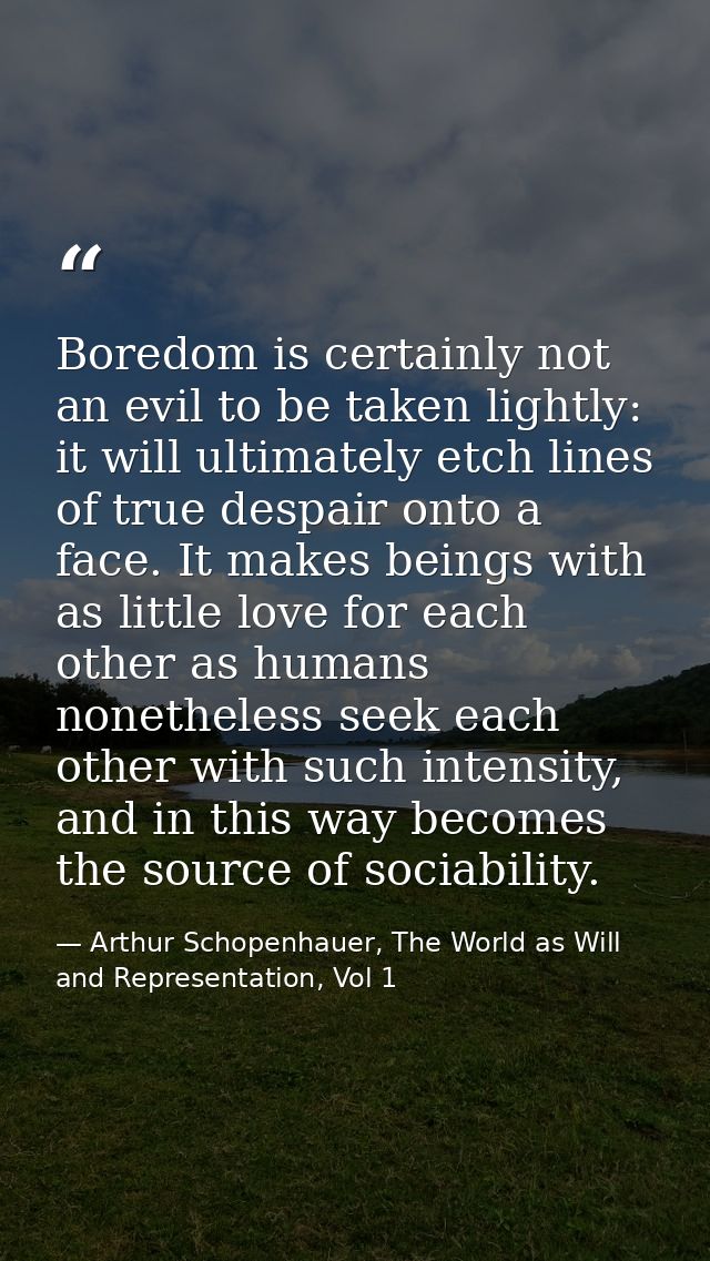 Boredom is certainly not an evil to be taken lightly: it will ultimately etch lines of true despair onto a face. It make — Arthur Schopenhauer, The World as Will and Representation, Vol 1