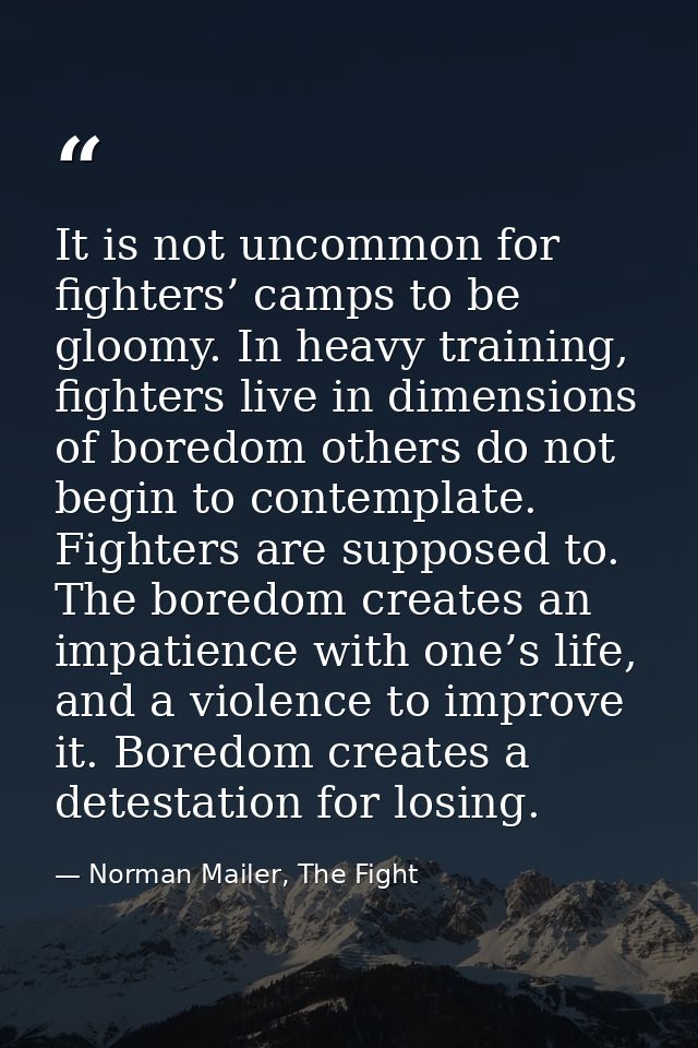 It is not uncommon for fighters’ camps to be gloomy. In heavy training, fighters live in dimensions of boredom others do — Norman Mailer, The Fight