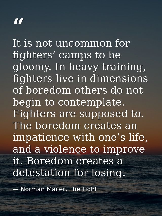 It is not uncommon for fighters’ camps to be gloomy. In heavy training, fighters live in dimensions of boredom others do — Norman Mailer, The Fight