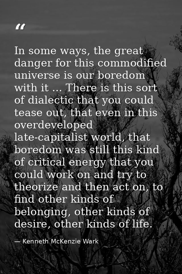 In some ways, the great danger for this commodified universe is our boredom with it ... There is this sort of dialectic  — Kenneth McKenzie Wark