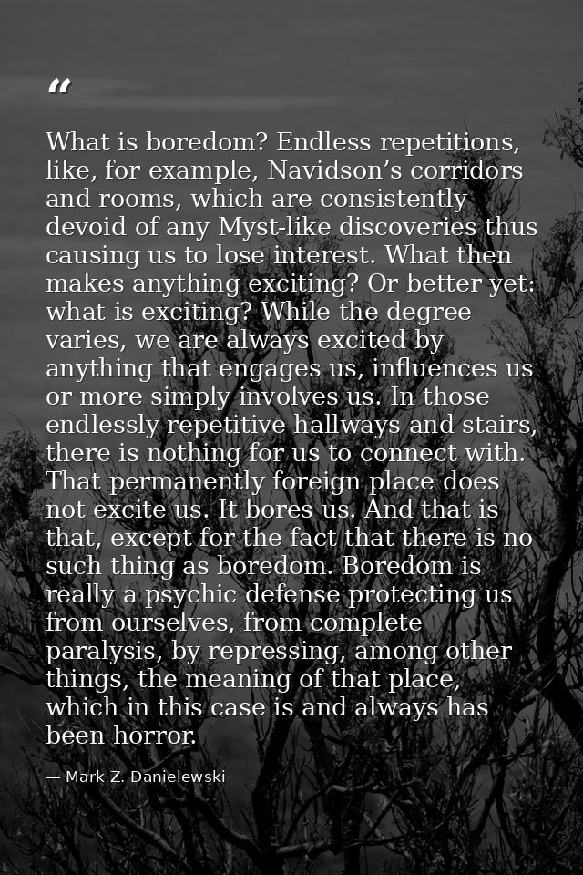 What is boredom? Endless repetitions, like, for example, Navidson’s corridors and rooms, which are consistently devoid o — Mark Z. Danielewski