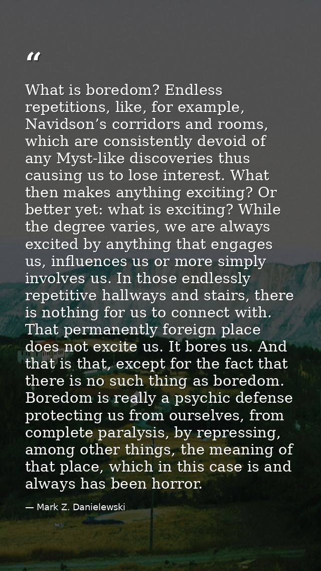 What is boredom? Endless repetitions, like, for example, Navidson’s corridors and rooms, which are consistently devoid o — Mark Z. Danielewski