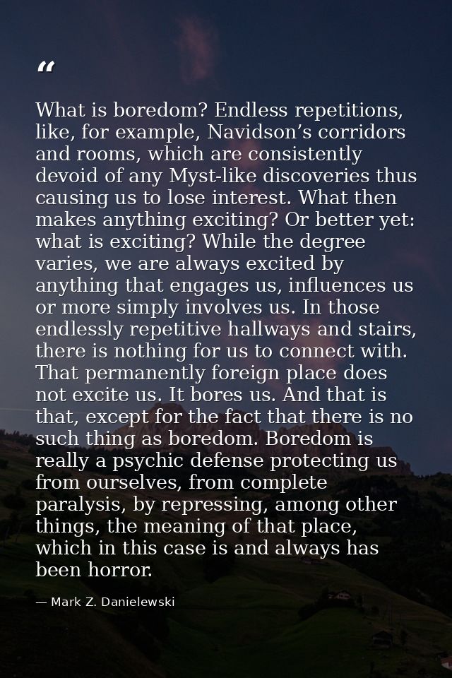 What is boredom? Endless repetitions, like, for example, Navidson’s corridors and rooms, which are consistently devoid o — Mark Z. Danielewski