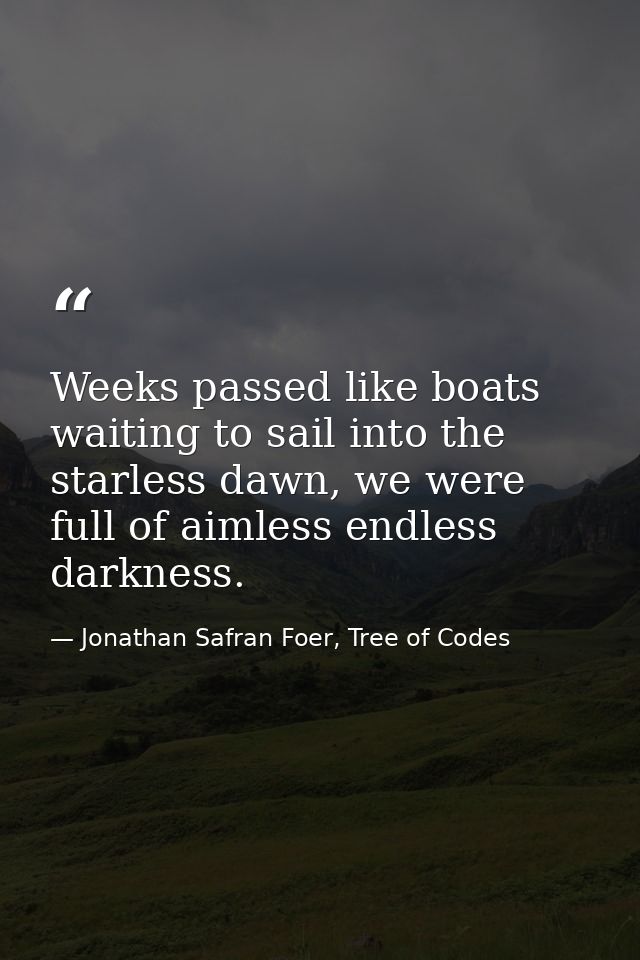 Weeks passed like boats waiting to sail into the starless dawn, we were full of aimless endless darkness. — Jonathan Safran Foer, Tree of Codes