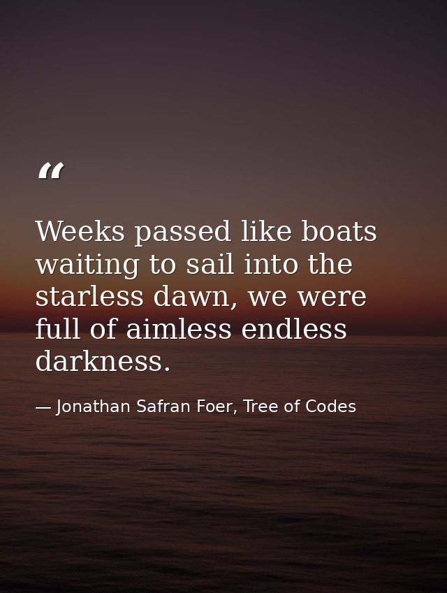 Weeks passed like boats waiting to sail into the starless dawn, we were full of aimless endless darkness. — Jonathan Safran Foer, Tree of Codes