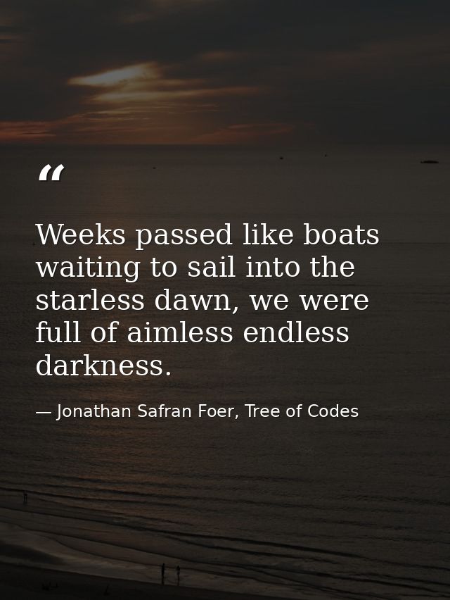 Weeks passed like boats waiting to sail into the starless dawn, we were full of aimless endless darkness. — Jonathan Safran Foer, Tree of Codes