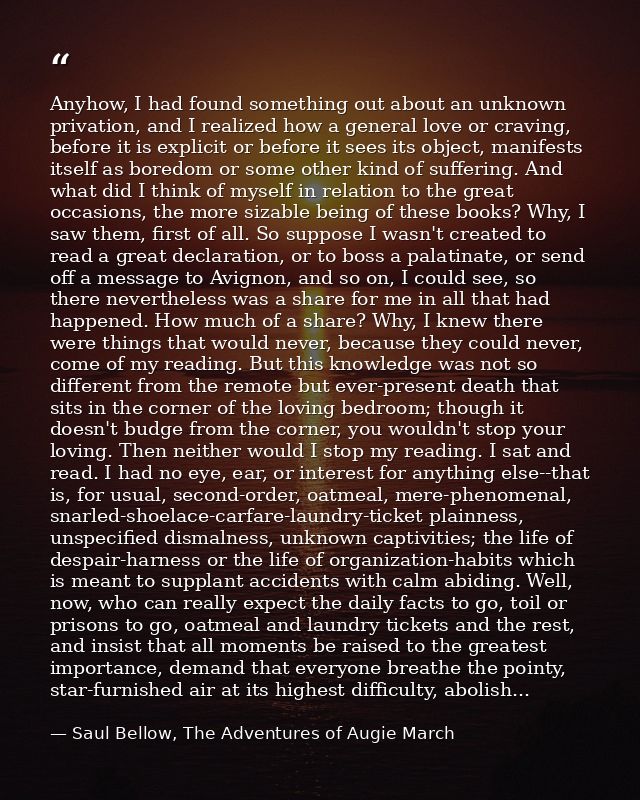 Anyhow, I had found something out about an unknown privation, and I realized how a general love or craving, before it is — Saul Bellow, The Adventures of Augie March
