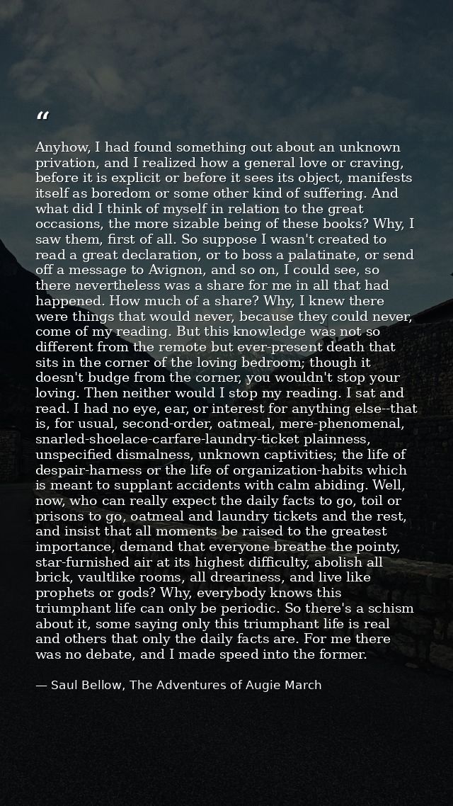 Anyhow, I had found something out about an unknown privation, and I realized how a general love or craving, before it is — Saul Bellow, The Adventures of Augie March