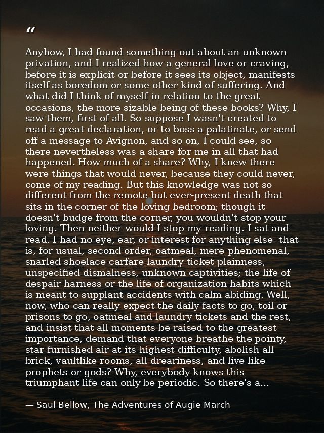 Anyhow, I had found something out about an unknown privation, and I realized how a general love or craving, before it is — Saul Bellow, The Adventures of Augie March
