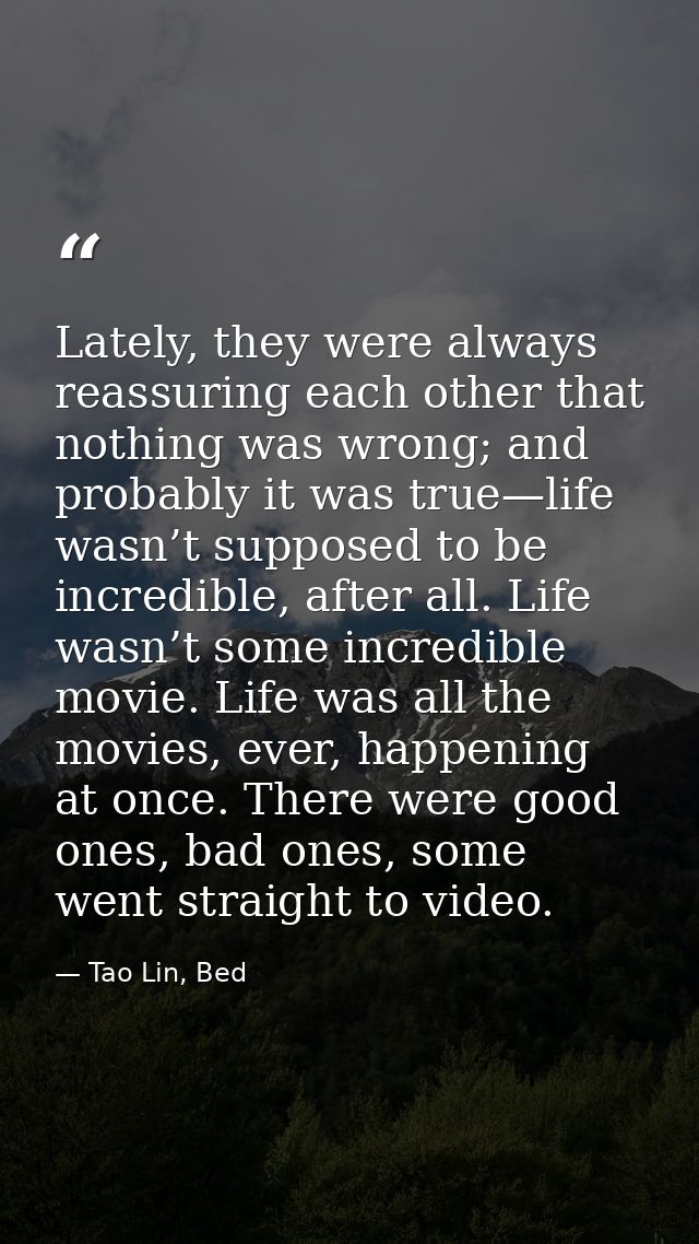 Lately, they were always reassuring each other that nothing was wrong; and probably it was true—life wasn’t supposed to  — Tao Lin, Bed