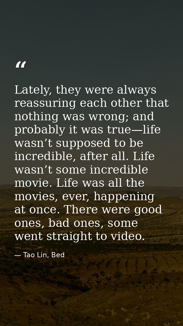 Lately, they were always reassuring each other that nothing was wrong; and probably it was true—life wasn’t supposed to  — Tao Lin, Bed