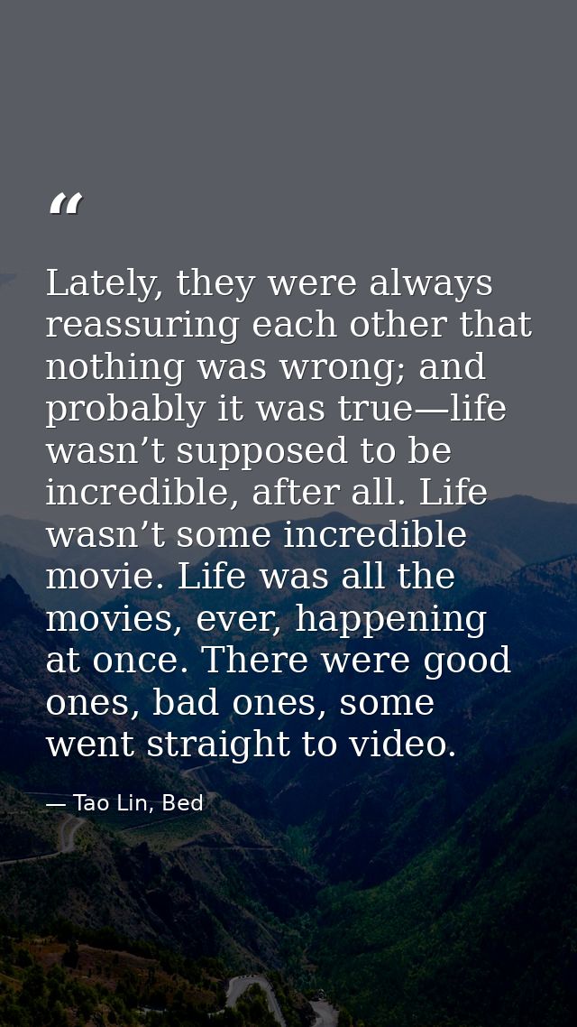 Lately, they were always reassuring each other that nothing was wrong; and probably it was true—life wasn’t supposed to  — Tao Lin, Bed